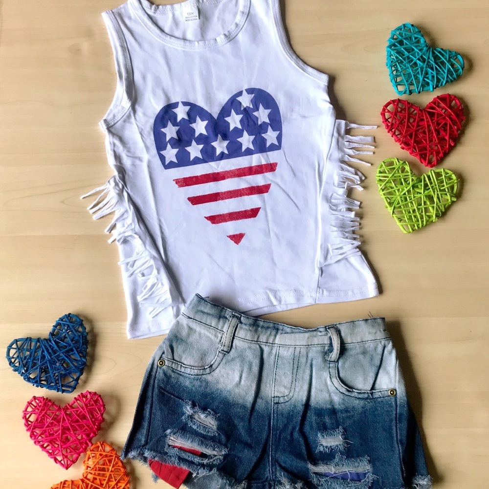 2PC Girls Striped Top & Denim Shorts Set